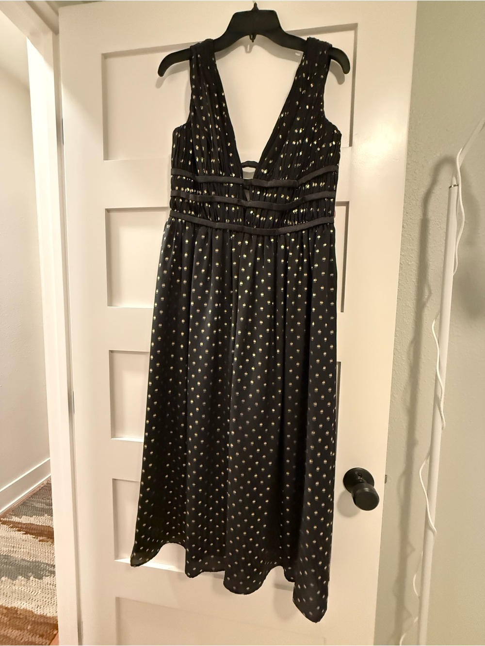 Monique Lhuillier Black Midi Dress with Gold Polka Dots